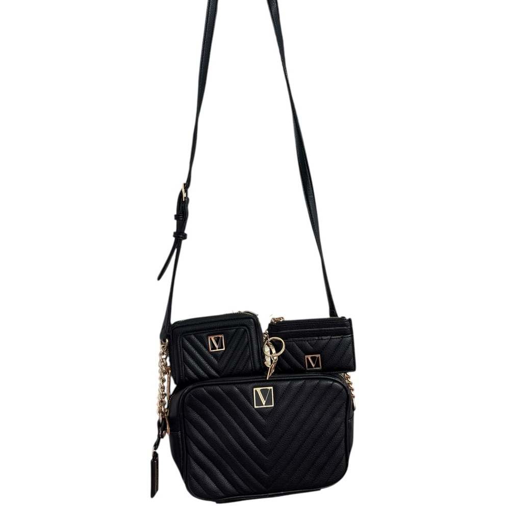 Victoria Secret Black Quilted Crossbody Bag Wallet and Zip Card Case